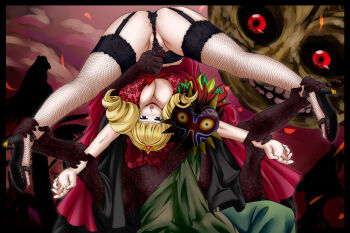 Rule 34 | 1girl, ankle grab, arm grab, ass, black panties, blonde hair, blush, breasts, crossover, crown, garter belt, garter straps, high heels, holding, holding another's wrist, holding upside down, huge breasts, kinniku buster, leg grab, majora (entity), monster, nintendo, open mouth, panties, restrained, rose bernstein, shoes, skull kid, snk, spread legs, the king of fighters, the legend of zelda, the legend of zelda: majora's mask, tongue, top-down bottom-up, underwear