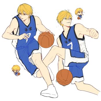 Rule 34 | 1boy, arms up, ball, bare shoulders, basketball, basketball (object), basketball jersey, basketball shorts, basketball uniform, blonde hair, chibi, chibi inset, closed mouth, collarbone, cropped legs, flying sweatdrops, gisegoodgise, hair between eyes, highres, holding, holding ball, kaijo high basketball uniform, kise ryouta, kuroko no basuke, leg up, looking to the side, male focus, multicolored clothes, multiple views, playing sports, short hair, shorts, sideways glance, simple background, sleeveless, smile, sportswear, sweat, v-neck, white background, yellow eyes