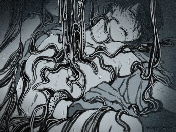 2boys blush crying greyscale highres hikaru_ga_shinda_natsu indou_hikaru lying male_focus melting mole mole_on_cheek mole_on_neck mole_under_eye mole_under_mouth monochrome multiple_boys multiple_moles navel nude on_back saliva sapphyrwind short_hair sweat tears teeth tsujinaka_yoshiki yaoi