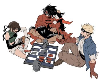 1girl 3boys ascot blonde_hair blue_shirt board_game brown_gloves brown_hair brown_pants brown_shoes cait_sith_(final_fantasy) card cid_highwind cigarette cloak collared_shirt commentary covered_mouth crop_top crown final_fantasy final_fantasy_vii garbage_paper gloves goggles goggles_on_head green_shirt hair_over_one_eye headband highres holding holding_card midriff multiple_boys one_eye_covered open_clothes open_mouth open_shirt pants red_cloak red_headband shirt shoes short_hair shorts single_bare_shoulder sitting vincent_valentine white_ascot white_gloves white_shirt white_shorts wide-eyed yuffie_kisaragi