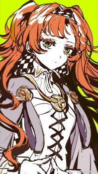 1girl checkered_hairband closed_mouth collared_dress dot_mouth dress gloves green_eyes haibao_tangyuan hairband high_collar highres long_hair looking_at_viewer orange_hair reverse:1999 solo sonetto_(reverse:1999) two_side_up watermark weibo_watermark white_dress white_gloves