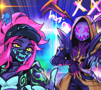 1boy 1girl akali baseball_cap black_headwear breasts cleavage colored_skin graffiti hat heartsteel_(league_of_legends) heartsteel_rhaast high_ponytail jacket k/da_(league_of_legends) k/da_akali league_of_legends long_hair looking_ahead mask medium_breasts mouth_mask official_alternate_costume official_alternate_hairstyle open_clothes open_jacket phantom_ix_row pink_hair ponytail rhaast sidelocks standing ultraviolet_light upper_body yellow_eyes