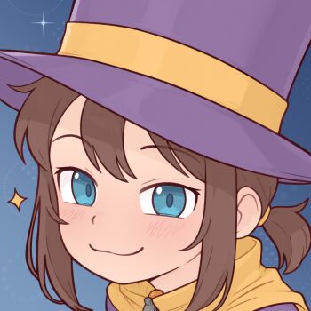 1girl a_hat_in_time blue_eyes brown_hair casytay closed_mouth commentary english_commentary hat hat_kid highres looking_at_viewer ponytail portrait purple_hat short_hair smile solo top_hat