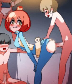 1girl 3boys animated animated_gif arched_back ass ass_press bbaltong bodysuit bouncing_breasts breasts censored lowres luluco medium_breasts mosaic_censoring multiple_boys orgasm penis sex sex_from_behind shota smaller_dominant standing standing_sex tears thick_thighs thighs torn_clothes uchuu_patrol_luluco vaginal
