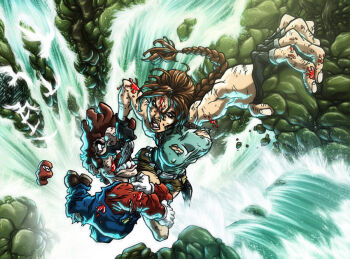 1boy 1girl angry belt blood blue_eyes breasts brown_hair clash cliff crossover facial_hair gloves gun gun_in_mouth hat lara_croft leg_hold mario mario_(series) mustache nintendo ponytail sebastianvonbuchwald_(artist) shorts square_enix super_mario_bros._1 tomb_raider torn_clothes water waterfall weapon