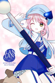 Rule 34 | 1girl, amulet spade, blue shorts, commentary request, garter straps, gloves, hat, hinamori amu, holding, holding brush, korean commentary, lan lan, magical girl, necktie, one eye closed, open mouth, pink hair, shorts, shugo chara!, sidelocks, smile, solo, twitter username