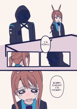 Rule 34 | 1boy, 1girl, amiya (arknights), animal ears, arknights, blush, brown eyes, brown hair, rabbit ears, chibi, commentary, covered face, doctor (arknights), embarrassed, english commentary, english text, hood, hood up, jacket, long hair, long sleeves, nose blush, ponytail, tears, wavy mouth, yuusachii