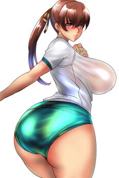 1girl ass ass_focus blush breasts brown_eyes brown_hair buruma dead_or_alive from_behind highres huge_breasts judge_(oekaki) kasumi_(doa) long_hair looking_back ponytail short_sleeves white_background