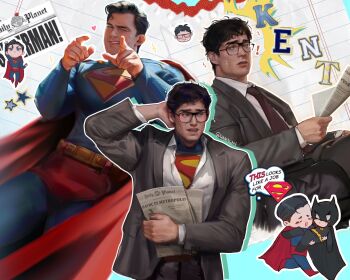 ! 2boys arm_behind_head arm_up batman batman_(series) belt black-framed_eyewear black_cape black_hair black_shoes blue_bodysuit bodysuit briefs cape carrying chair character_name chibi clark_kent closed_eyes collared_shirt commentary cowl dc_comics english_commentary flying_sweatdrops formal_clothes glasses grey_pants grey_suit grin hanin_nie highres holding holding_newspaper jacket lapels layered_sleeves long_sleeves looking_to_the_side male_focus male_underwear multiple_boys multiple_views necktie nervous nervous_sweating newspaper notched_lapels office_chair one_eye_closed open_clothes open_shirt pants parted_hair pointing pointing_at_viewer princess_carry red_cape red_shoes running shirt shoes short_hair sideways_glance sitting smile speech_bubble suit suit_jacket suit_pants superhero_costume superman superman_(2025) superman_(series) superman_logo sweat swivel_chair teeth thought_bubble underwear wavy_hair white_shirt wing_collar yellow_belt