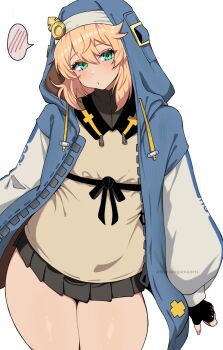 1boy black_gloves black_skirt blonde_hair blush bridget_(guilty_gear) commentary_request crossdressing crossdressing_(mtf) curvy fingerless_gloves gloves green_eyes guilty_gear guilty_gear_strive hair_between_eyes harutoyumaarts highres hood hood_up hooded_jacket jacket long_sleeves looking_at_viewer male_focus medium_hair miniskirt open_clothes open_jacket pleated_skirt plump simple_background skirt solo thick_thighs thighs trap white_background