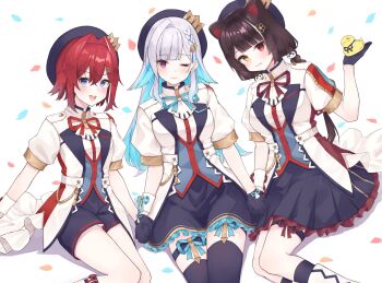 3girls :d ;) absurdres ange_katrina animal_ears animal_hair_ornament beret black_gloves black_shorts black_skirt black_thighhighs blood blood_on_hand blue_eyes blue_hair blue_hat blunt_bangs blush boots braid breasts brown_hair color-coded colored_inner_hair commentary_request confetti cowboy_shot crossed_bangs crown_hat_ornament dog_ears double-parted_bangs fang fang_out flat_chest gloves gradient_hair hair_between_eyes hair_flaps hair_intakes hair_ornament hairclip half_gloves hat heterochromia highres holding_hands inui_toko jacket legwear_garter lize_helesta long_hair low_twintails medium_breasts miniskirt multicolored_hair multiple_girls neck_ribbon nesumiru nijisanji one_eye_closed open_mouth purple_eyes red_eyes red_hair ribbon sanbaka_(nijisanji) sanbaka_anniversary_outfit sebastian_piyodore shigure_ui shirt short-sleeved_jacket short_hair short_sleeves shorts side_braid sidelocks sitting skin_fang skirt smile thighhighs triangle_hair_ornament twintails underbust v-shaped_eyebrows virtual_youtuber white_boots white_hair white_jacket white_overskirt white_shirt wrist_cuffs yellow_eyes