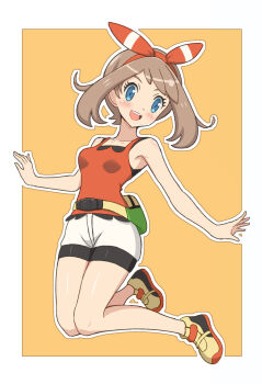 Rule 34 | 1girl, :d, bike shorts, bike shorts under shorts, blue eyes, blush, border, bow hairband, breasts, brown hair, eyelashes, fanny pack, full body, hairband, happy, highres, knees together feet apart, may (pokemon), nintendo, open mouth, outline, pokemon, pokemon oras, shirt, shoes, shorts, sleeveless, sleeveless shirt, smile, solo, teeth, try200277, upper teeth only, white border, white shorts, yellow bag, yellow shoes