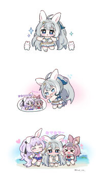Rule 34 | &gt; &lt;, 3girls, :3, :d, animal ears, bikini, blue eyes, blue one-piece swimsuit, blue sailor collar, blush, chibi, chibi only, closed eyes, closed mouth, commentary, female tyrant (stella sora), full body, grey hair, hairband, highres, hue oo, karin (stella sora), kemonomimi mode, long hair, multiple girls, one-piece swimsuit, open mouth, purple hair, rabbit ears, red eyes, sailor collar, sandals, shia (stella sora), shirt, smile, standing, stella sora, swimsuit, symbol-only commentary, twitter username, tyrant (stella sora), white bikini, white hairband, white shirt, x3