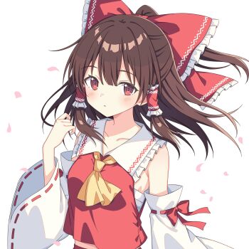 1girl blush brown_hair detached_sleeves dress hair_ribbon hakurei_reimu highres long_hair long_sleeves red_dress red_eyes red_ribbon ribbon setteiset solo touhou