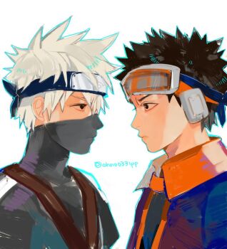 2boys aged_down black_eyes black_hair black_headband eye_contact forehead_protector goggles goggles_on_head hatake_kakashi headband looking_at_another male_focus mask mouth_mask multiple_boys naruto_(series) naruto_shippuuden ohnopp spiked_hair twitter_username uchiha_obito white_hair