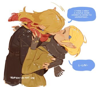 1boy 1girl artist_name black_scarf black_sweater blonde_hair blush braid brown_sweater commentary couple crown_braid earrings english_text green_eyes hair_ornament hairclip hand_on_another's_waist hetero hug jewelry kiss link long_hair medium_hair nintendo pointy_ears princess_zelda pyonteo red_scarf scarf sidelocks snow snow_on_clothes snow_on_tree speech_bubble surprise_kiss surprised sweater symbol-only_commentary the_legend_of_zelda the_legend_of_zelda:_breath_of_the_wild the_legend_of_zelda:_tears_of_the_kingdom upper_body white_background winter_clothes