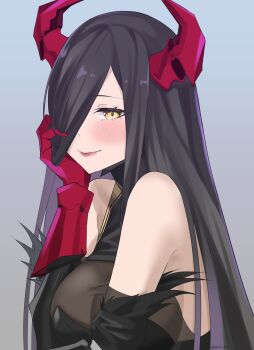 1girl absurdres azur_lane bare_shoulders black_hair blush breasts byeon_dha commentary english_commentary friedrich_der_grosse_(azur_lane) hair_over_one_eye hand_on_own_cheek hand_on_own_face highres horns large_breasts mechanical_hands mechanical_horns red_horns see-through_cleavage see-through_clothes simple_background solo upper_body yellow_eyes