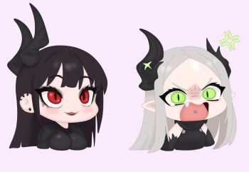 2girls anger_vein angry asymmetrical_horns behemoth_(nikke) black_lips breasts chibi ear_piercing fang forehead goddess_of_victory:_nikke green_eyes horns kyasanaxd large_breasts leviathan_(nikke) multiple_girls open_mouth parted_bangs piercing pink_background pointy_ears red_eyes simple_background slit_pupils smile tongue_piercing upper_body