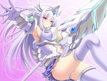 1girl armor armpits ass blush breasts chikubi_(artist) closed_mouth clothing_cutout covered_erect_nipples elbow_gloves frilled_skirt frills frown game_cg gloves gradient_background headgear holding holding_polearm holding_weapon kusarou lance large_breasts leotard long_hair looking_at_viewer magical_girl mahou_shoujo_inori mamiya_inori miniskirt navel non-web_source official_art outstretched_arm panties pantyshot pink_eyes polearm purple_background purple_eyes purple_gloves purple_thighhighs skirt solo spear thighhighs tiara underwear variant_set weapon white_hair