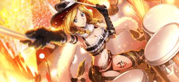 1girl animal_print arm_up armpits artist_request belt belt_buckle black_gloves black_panties black_shirt blonde_hair blue_eyes blurry boots braid breasts brown_boots buckle chromatic_aberration cleavage code_geass code_geass:_lost_stories cow_horns cow_print cowboy_hat cowgirl_(western) crop_top depth_of_field drum drum_set drumsticks dutch_angle female_focus fireworks frilled_shirt frills fringe_trim fur_collar game_cg gloves hair_tie hand_up happy hat heart highres holding holding_drumsticks holster horned_hat horns instrument jewelry large_breasts leg_tattoo locket looking_at_viewer medium_hair milly_ashford navel non-web_source official_art on_stool outstretched_arm panties parted_lips pendant print_hat shirt sidelocks sitting sleeveless sleeveless_shirt smile solo spurs star_(symbol) stomach sweat tattoo teeth thigh_boots thighs tile_floor tiles twin_braids underwear