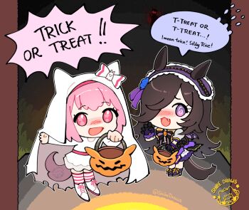 3girls :3 :d @_@ alternate_costume animal_ears artist_name basket black_gloves blue_flower blue_rose blush bow brown_hair chibi chibi_only claw_pose english_text fake_wings fang flipped_hair flower flower-shaped_pupils frills gloves glowing glowing_eyes hair_over_one_eye hairband halloween halloween_costume haru_urara_(umamusume) headdress holding holding_basket horse_ears horse_girl horse_tail jack-o&#039;-lantern long_hair long_sleeves looking_at_viewer multiple_girls nose_blush official_alternate_costume open_mouth pink_eyes pink_hair pink_socks puffy_short_sleeves puffy_sleeves purple_eyes purple_shoes purple_skirt red_eyes rice_shower_(make_up_vampire!)_(umamusume) rice_shower_(umamusume) rose shibedraws shirt shoes short_hair short_sleeves shouting silhouette skirt smile socks speech_bubble striped_bow striped_clothes striped_socks symbol-shaped_pupils tail trick-or-treating trick_or_treat twitter_username umamusume veil very_long_hair watermark white_shirt white_shoes white_skirt white_socks wings