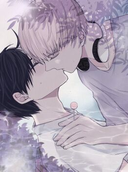 Rule 34 | 2boys, adam's apple, ahoge, black hair, candy, closed eyes, commentary request, food, french kiss, from side, grey hair, grey shirt, headphones, headphones around neck, holding, holding candy, holding food, holding lollipop, kaji ren, kiss, lollipop, male focus, miminaponpon, multicolored hair, multiple boys, sakura haruka (wind breaker), shirt, short hair, split-color hair, two-tone hair, white hair, white shirt, wind breaker (nii satoru), yaoi