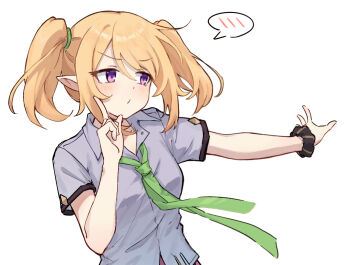 1girl arm_scrunchie black_scrunchie blonde_hair blush breasts chloe_(princess_connect!) closed_mouth collared_shirt commentary_request elf finger_to_cheek green_necktie hoshino_ruby_dance index_finger_raised looking_to_the_side necktie outstretched_arm pointing pointing_up pointy_ears princess_connect! pu90237361 purple_eyes school_uniform scrunchie shirt solo spoken_blush st._theresa's_girls_academy_school_uniform twintails upper_body white_background