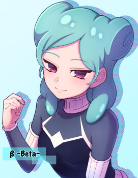 1girl absurdres beta_(inazuma_eleven) black_bodysuit blue_hair bodysuit double_bun hair_bun highres inazuma_eleven inazuma_eleven_(series) inazuma_eleven_go inazuma_eleven_go_chrono_stone inazuma_eleven_victory_road kisaragi_yyyui looking_at_viewer protocol_omega purple_eyes smile solo