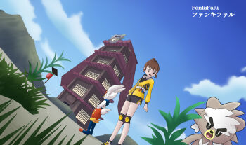 1girl architecture arms_at_sides artist_name brown_eyes brown_hair building cinderace day east_asian_architecture eyelashes facing_away fankifalu full_body gen_8_pokemon gloria_(pokemon) grass happy highres jacket knee_pads kubfu legendary_pokemon legs long_sleeves looking_at_viewer looking_to_the_side master_dojo_uniform matching_hair/eyes medium_hair mountainous_horizon nintendo official_alternate_costume official_alternate_hairstyle outdoors pokemon pokemon_(creature) pokemon_swsh shirt_under_jacket shoes short_shorts shorts side_slit sidelocks size_difference sky sneakers standing swept_bangs thighs topknot zipper_pull_tab