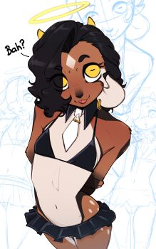 1girl animal_ears bare_shoulders bikini black_bikini black_hair breasts brown_fur cowboy_shot earrings furry furry_female goat_ears goat_girl halo highres horns jewelry kody_(pudgeruffian) navel original pudgeruffian solo stomach swimsuit white_background yellow_eyes