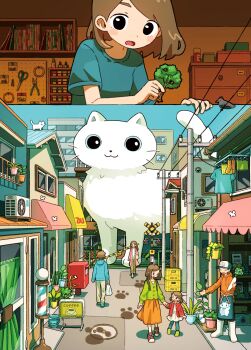 2boys 4girls absurdres animal animal_print apron aqua_hoodie awning backpack bag barber_pole baseball_cap beer_crate bird black_bird black_eyes blue_pants blush_stickers bookshelf boom_barrier box brown_hair bug building butterfly cabbage cat cat_print chain-link_fence child closed_eyes clothes_pin commentary_request condenser_unit drainpipe drawer dress fence flower glue green_footwear green_shirt grey_pants hands_up hanging_plant hat highres holding holding_bag holding_hands hood hood_down hoodie insect jacket lamppost laundry long_skirt long_sleeves looking_at_another low_twintails manhole_cover medium_hair miniature model multiple_boys multiple_girls open_mouth orange_hoodie orange_skirt original pants paw_print pink_jacket plant plastic_bag pliers postbox_(outgoing_mail) potted_plant power_lines radish railroad_crossing railroad_tracks red_footwear red_jacket scissors shirt shoes shop short_hair short_sleeves sign size_difference skirt smile sneakers standing surprised tao_(tao15102) tools tree twintails utility_pole walking white_butterfly white_cat white_dress white_flower white_shirt workshop yellow_pants