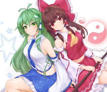 2girls absurdres ascot bare_shoulders blue_necktie blue_skirt blush bow breast_envy breasts brown_hair collared_shirt detached_sleeves frilled_skirt frills frog_hair_ornament frown green_eyes grey_hair hair_between_eyes hair_bow hair_ornament hair_tubes hakurei_reimu highres kochiya_sanae kyl490 long_hair medium_breasts midriff miniskirt multiple_girls navel necktie nontraditional_miko red_eyes red_shirt ribbon-trimmed_sleeves ribbon_trim shirt sitting skirt small_breasts smile snake_hair_ornament star_(symbol) star_symbol_background touhou very_long_hair white_shirt wide_sleeves yellow_ascot