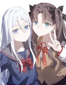 Rule 34 | 2girls, absurdres, black bow, black skirt, blue eyes, blue serafuku, blue shirt, blue skirt, bow, bowtie, brown hair, brown vest, buttons, chest bow, closed mouth, collared shirt, commentary request, crossover, fate/stay night, fate (series), hair between eyes, hair bow, hand up, highres, kafuuchino (chouti), long hair, long sleeves, looking at viewer, multiple girls, open mouth, parted bangs, project sekai, puffy long sleeves, puffy sleeves, red bow, red bowtie, sailor collar, school uniform, serafuku, shirt, sidelocks, simple background, skirt, smile, tohsaka rin, two side up, vest, w, wavy hair, white background, white hair, white shirt, yoisaki kanade