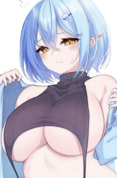 Rule 34 | 1girl, ahoge, blue hair, blue jacket, blush, breasts, closed mouth, commentary request, crossed bangs, double-parted bangs, hair between eyes, heart, heart ahoge, highres, hololive, jacket, kojou gunshi, large breasts, looking at viewer, pointy ears, ribbed sweater, short hair, simple background, sleeveless, sleeveless sweater, sleeveless turtleneck, solo, sweater, turtleneck, turtleneck sweater, underboob, upper body, virtual youtuber, wavy mouth, white background, yellow eyes, yukihana lamy
