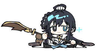 Rule 34 | 1boy, arknights, black hair, braid, braided hair rings, chibi, closed mouth, coat, gourd, guan dao, hair rings, heterochromia, holding, holding polearm, holding weapon, hong lu (project moon), limbus company, long hair, necktie, pinch (nesume), polearm, project moon, single hair ring, smile, solo, to remain oneself (e.g.o), very long hair, weapon, white coat, yellow necktie