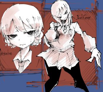 2girls black_pantyhose commentary_request darjeeling_(girls_und_panzer) earl_grey_(girls_und_panzer) frown girls_und_panzer highres miniskirt monochrome multiple_girls pantyhose school_uniform skirt smirk st._gloriana&#039;s_school_uniform standing sweater yamarium