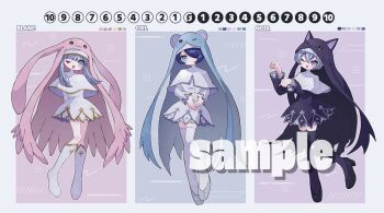 Rule 34 | 3girls, arms behind back, black dress, black hair, black thighhighs, black veil, blue veil, digimon, digimon (creature), digimon card game, dress, full body, grey eyes, grey hair, group picture, hair over one eye, highres, multiple girls, nagoshi, nun, one eye closed, paw pose, sample watermark, sistermon blanc, sistermon ciel, sistermon noir, thighhighs, veil, watermark, white dress, white thighhighs