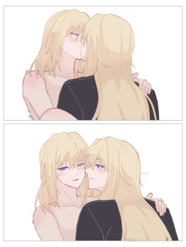 2girls amakuma bang_dream! bang_dream!_it&#039;s_mygo!!!!! black_shirt blonde_hair blush clothed_female_nude_female commentary hand_on_another&#039;s_shoulder highres incest kiss long_hair medium_hair misumi_uika misumi_uika&#039;s_sister multiple_girls nude one_eye_closed parted_lips purple_eyes saliva saliva_trail shirt siblings simple_background sisters spoilers white_background yuri