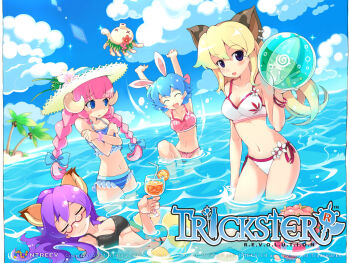 10s 4girls animal_ears armcho arms_up ball beach beachball bikini blonde_hair blue_eyes blue_hair blush_stickers braid breasts bunny_(trickster) cat_(trickster) cleavage closed_eyes cloud fox_(trickster) glasses hat horns innertube long_hair lying multiple_girls open_mouth palm_tree pink_hair purple_hair sheep_(trickster) short_hair side-tie_bikini_bottom sky standing straw_hat submerged summer swim_ring swimsuit tankini tree trickster_(ntreev_soft) twin_braids water