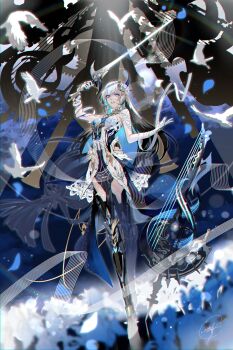 1girl absurdres animal artist_name bandaged_arm bandages bird blue_eyes breasts cello commentary_request full_body highres holding holding_sword holding_weapon instrument long_hair mechanical_legs medium_breasts multicolored_hair musical_staff punishing:_gray_raven selena:_pianissimo_(pgr) selena_(pgr) signature smile sunburst sunlight sword two-tone_hair very_long_hair weapon wizard_club