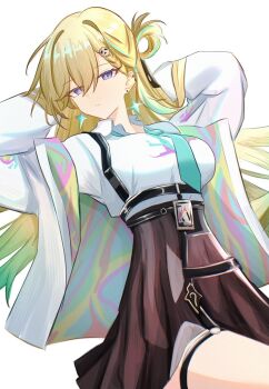 1girl arms_up black_skirt blonde_hair breasts button_gap closed_mouth colored_tips commentary earrings hair_between_eyes hair_ornament high-waist_skirt highres id_card jacket jewelry looking_at_viewer lynae_(wuthering_waves) medium_breasts multicolored_hair purple_eyes shirt simple_background skirt skull_hair_ornament solo star_(symbol) star_earrings streaked_hair thigh_strap white_background white_jacket white_shirt wuthering_waves yue_kanade