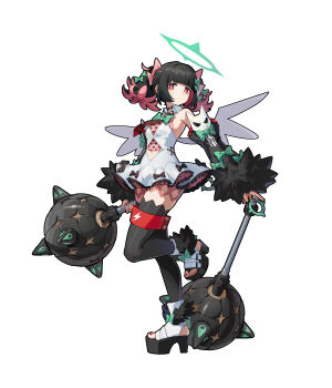1girl absurdres accessories bare_shoulders black_bow black_hair bow bow_skirt collar colored_inner_hair dress dual_wielding flying_nimbus fur-trimmed_shoes fur-trimmed_sleeves fur_trim green_bow green_ribbon hair_ribbon highres holding holding_mace holding_weapon jewelry mace multicolored_hair multiple_hair_ribbons nail_polish navel necktie pink_bow pink_hair pink_ribbon red_eyes red_nails red_necktie ribbon ring rokudu_sariel skirt solo spiked_mace spikes thighhighs tupikeee weapon white_background white_dress white_wings wings zenless_zone_zero