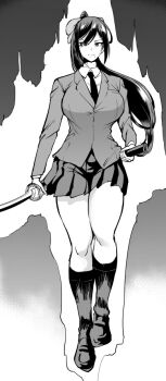 1girl aura bare_legs blazer breasts closed_mouth fan_no_hitori floating_hair hair_between_eyes hair_ornament high_ponytail holding holding_sheath holding_weapon jacket jk_taimabu katana kneehighs kumashiro_reika legs_together mole mole_under_mouth necktie ponytail school_uniform sheath shirt shoes sidelocks skirt socks sword unsheathed v-shaped_eyebrows weapon