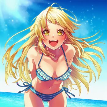 1girl :d ai-generated arms_behind_back bang_dream! bare_shoulders beach bikini blonde_hair blue_bikini blue_sky breasts cleavage cloud horizon imo_salad_(yuuly_2023) long_hair looking_at_viewer medium_breasts navel ocean open_mouth sky smile solo sun sunlight swimsuit teeth tsurumaki_kokoro upper_body upper_teeth_only water yellow_eyes