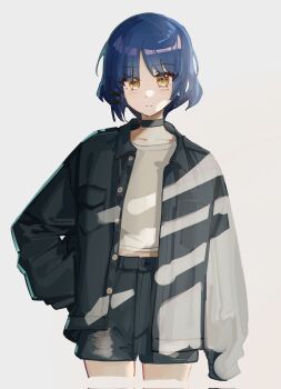 Rule 34 | 1girl, absurdres, black choker, black jacket, black shorts, blue hair, bocchi the rock!, choker, closed mouth, corrupted twitter file, cropped legs, hair ornament, hairclip, hashtag-only commentary, highres, jacket, long sleeves, looking at viewer, midriff peek, mole, mole under eye, open clothes, open jacket, parallel hairclips, parted bangs, pyyuu, shirt, short hair, shorts, simple background, sleeves past fingers, sleeves past wrists, solo, white background, white shirt, yamada ryo, yellow eyes