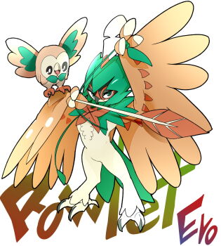 10s animal_focus bird bow_(weapon) brown_feathers decidueye evolution evolutionary_line feathers gen_7_pokemon highres nintendo no_humans owl pokemon pokemon_(creature) pokemon_sm rowlet shigurio weapon
