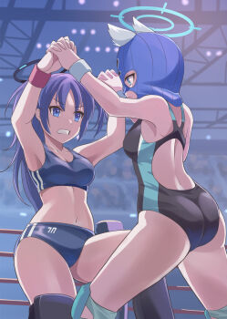 2girls alternate_costume animal_ears armpits arms_up ass back black_halo blue_archive blue_buruma blue_eyes blue_halo blue_one-piece_swimsuit blue_sports_bra breasts buruma catfight cleavage clenched_teeth closed_mouth collarbone commentary_request commission competition_swimsuit feet_out_of_frame halo highres holding_hands indoors interlocked_fingers long_hair looking_at_another mechanical_halo medium_breasts millennium_science_school_logo multiple_girls navel nikulas_cage official_alternate_costume one-piece_swimsuit pixiv_commission profile purple_hair red_wrist_cuffs serious shiroko_(blue_archive) shiroko_(swimsuit)_(blue_archive) sports_bikini sports_bra standing stomach swimsuit teeth thighs v-shaped_eyebrows white_wrist_cuffs wolf_ears wolf_girl wrestling wrestling_mask wrestling_ring wrist_cuffs yuuka_(blue_archive)