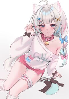 1girl absurdres acedia ahoge animal_ears bell black_bow blue_bow blue_eyes blue_hair blunt_bangs blush bow braid cat_ears cat_girl cat_tail claw_pose collar dolphin_shorts extra_ears frilled_thigh_strap hair_bow hair_ornament hairclip hand_on_ground highres indie_virtual_youtuber knees_together_feet_apart long_hair loose_socks low_twin_braids mint_fantome mint_fantome_(otaku) multicolored_hair neck_bell off-shoulder_sweater off_shoulder pink_bow pink_collar pink_hair pink_shorts pointy_ears shorts sitting socks solo sweater tail tail_bow tail_ornament thigh_strap twin_braids virtual_youtuber white_hair x_hair_ornament