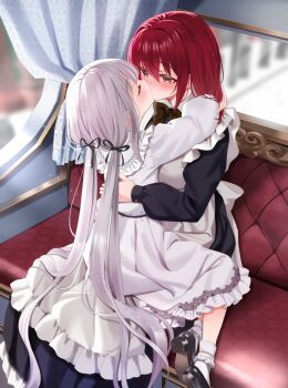 2girls apron arms_around_neck bagel_sandica berry_(shoujo_no_nozomanu_eiyuutan) black_dress black_shoes blush closed_eyes commentary_request curtains dress hand_on_another&#039;s_waist highres kiss krische long_hair long_sleeves multiple_girls red_eyes red_hair shoes shoujo_no_nozomanu_eiyuutan sitting sitting_on_lap sitting_on_person socks twintails white_apron white_dress white_hair white_socks yuri