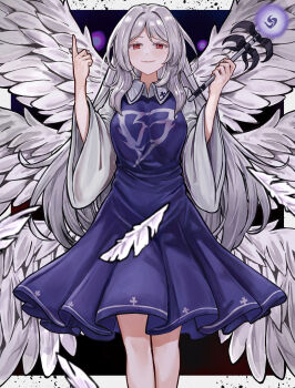 1girl angel angel_wings blue_dress breasts closed_mouth commentary dress falling_feathers feathered_wings feathers grey_feathers grey_wings highres holding holding_wand long_hair long_sleeves looking_at_viewer multiple_wings red_eyes sariel_(touhou) seraph smile solo tentaizukan touhou touhou_(pc-98) very_long_hair wand wide_sleeves wings